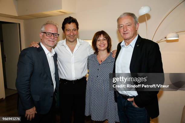 Thierry Fremaux, Laurent Gerra, Servane Queffelec and Yann Queffelec attend "Sans Moderation" Laurent Gerra's Show at Palais des Sports on June 3,...