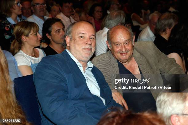 Marc Lambron and Michel Jonasz attend "Sans Moderation" Laurent Gerra's Show at Palais des Sports on June 3, 2018 in Paris, France.