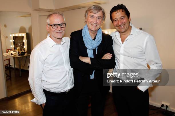 Thierry Fremaux, Plantu and Laurent Gerra attend "Sans Moderation" Laurent Gerra's Show at Palais des Sports on June 3, 2018 in Paris, France.