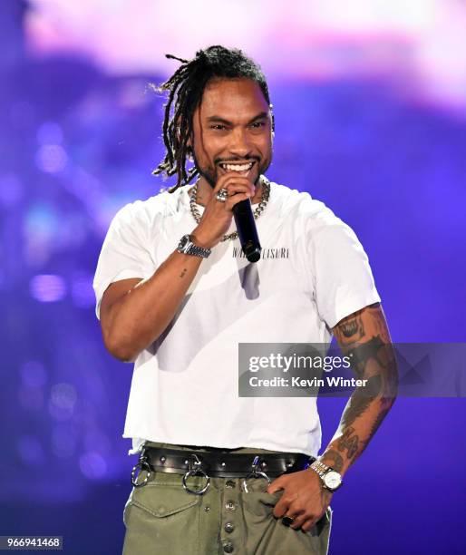 Miguel performs onstage during the 2018 iHeartRadio by AT&T at Banc of California Stadium on June 2, 2018 in Los Angeles, California.