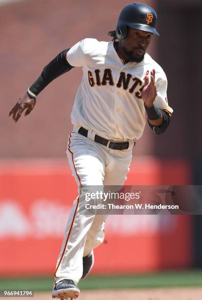 Alen Hanson of the San Francisco Giants runs the bases against the Philadelphia Phillies in the bottom of the six inning at AT&T Park on June 3, 2018...