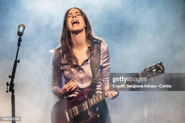 Danielle Haim of Haim performs on stage at Fabrique on June 3, 2018 in Milan, Italy.