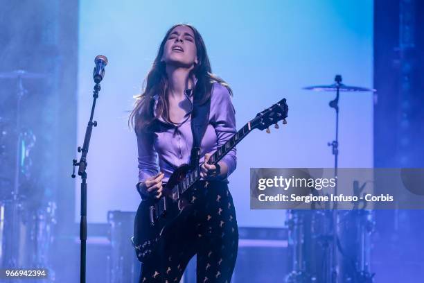 Danielle Haim of Haim performs on stage at Fabrique on June 3, 2018 in Milan, Italy.