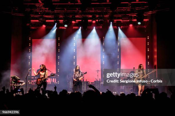 Alana Haim, Danielle Haim and Este Haim of Haim perform on stage at Fabrique on June 3, 2018 in Milan, Italy.