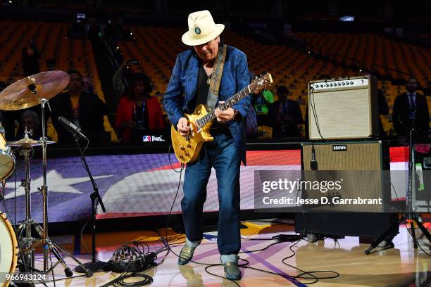 Carlos Santana warms up before the game between the Cleveland Cavaliers and the Golden State Warriors in Game Two of the 2018 NBA Finals on June 3,...