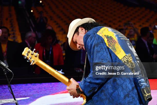 Carlos Santana warms up before the game between the Cleveland Cavaliers and the Golden State Warriors in Game Two of the 2018 NBA Finals on June 3,...