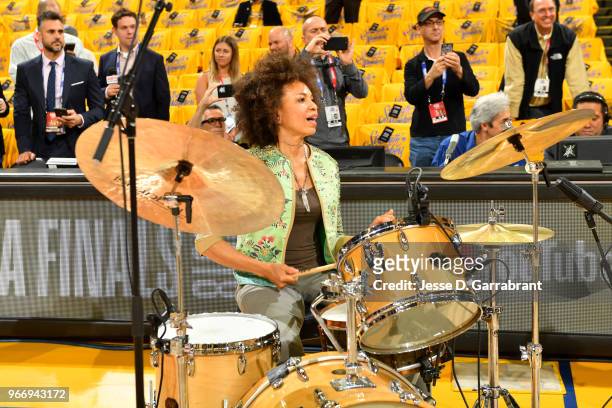 Cindy Blackman warms up before the game between the Cleveland Cavaliers and the Golden State Warriors in Game Two of the 2018 NBA Finals on June 3,...