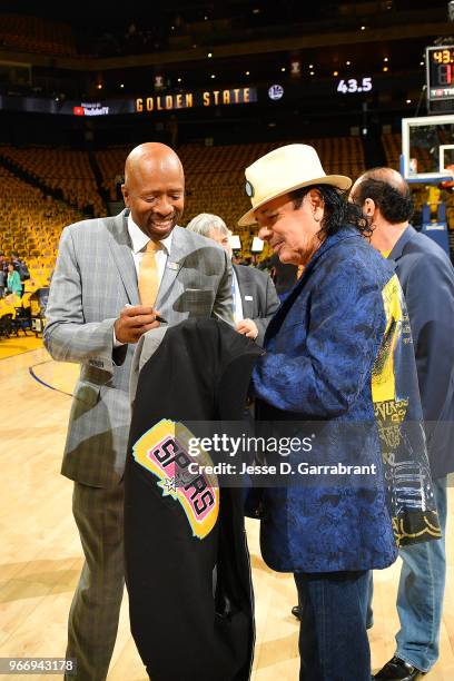 Carlos Santana and Kenny Smith before the game between the Cleveland Cavaliers and the Golden State Warriors in Game Two of the 2018 NBA Finals on...