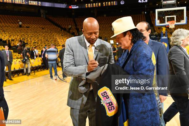 Carlos Santana and Kenny Smith before the game between the Cleveland Cavaliers and the Golden State Warriors in Game Two of the 2018 NBA Finals on...