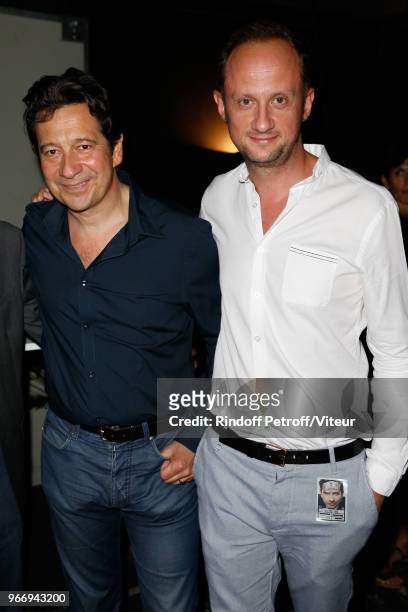 Laurent Gerra and "Rire Et Chanson" radio host Guillaume Pot attend "Sans Moderation" Laurent Gerra's Show at Palais des Sports on May 29, 2018 in...