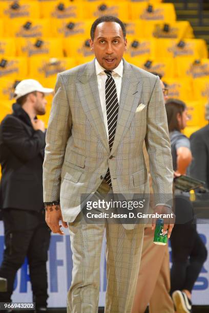 Stephen A. Smith is seen before the game between the Cleveland Cavaliers and the Golden State Warriors in Game Two of the 2018 NBA Finals on June 3,...