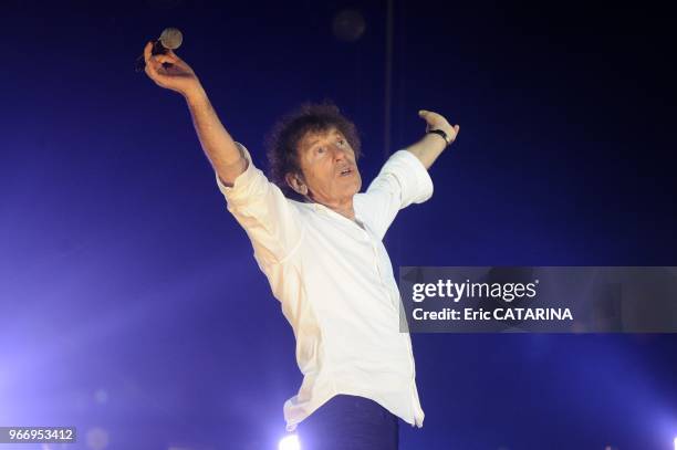 Alain Souchon performs at Les Francofolies de La Rochelle with guests. His sons Pierre Souchon and Charles Souchon Jeanne Cherhal,Maxime Le Forestier...