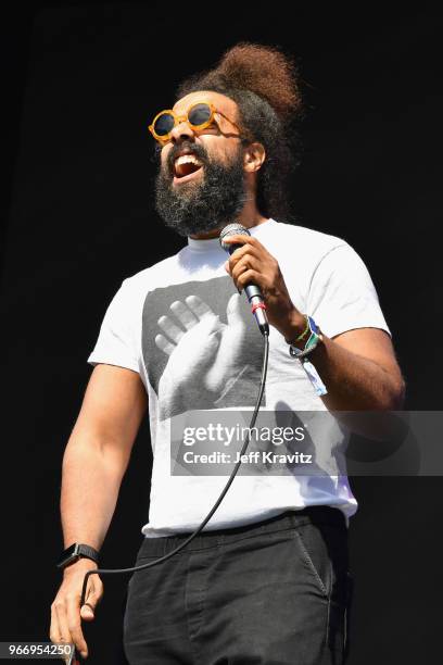 Reggie Watts performs on the Colossal Stage during Clusterfest at Civic Center Plaza and The Bill Graham Civic Auditorium on June 3, 2018 in San...