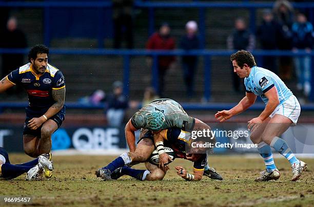 Scott Mathie of Leeds Carnegie is tackled during the Guinness Premiership match between Leeds Carnegie and Leicester Tigers at Headingley Stadium on...