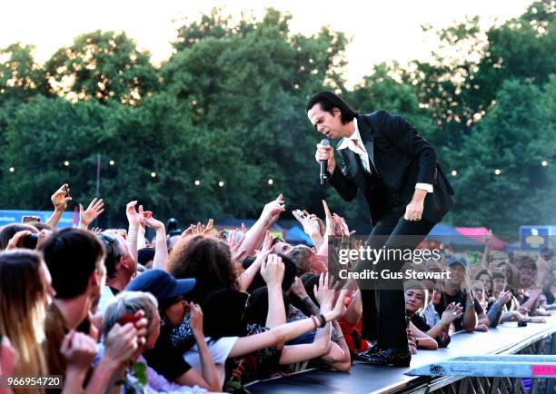 Nick Cave performs on stage at All Points East in Victoria Park on June 3, 2018 in London, England.