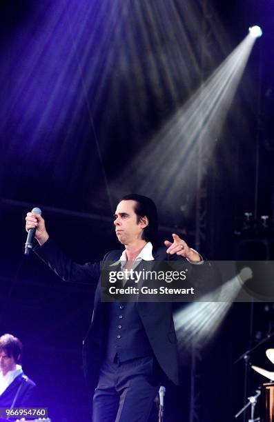 Nick Cave performs on stage at All Points East in Victoria Park on June 3, 2018 in London, England.