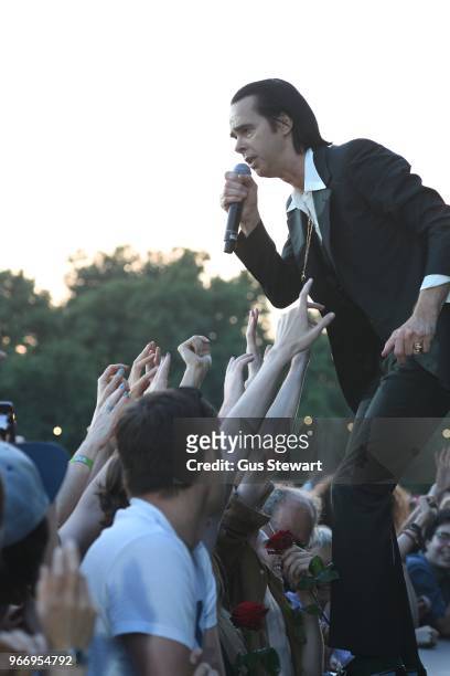 Nick Cave performs on stage at All Points East in Victoria Park on June 3, 2018 in London, England.