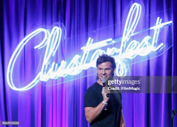 Theo Von performs onstage in the Larkin Comedy Club during Clusterfest at Civic Center Plaza and The Bill Graham Civic Auditorium on June 3, 2018 in...