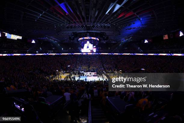 Musician Carlos Santana plays the National Anthem prior to Game 2 of the 2018 NBA Finals between the Golden State Warriors and the Cleveland...