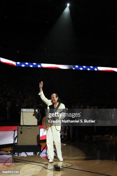 Carlos Santana performs the National Anthem before Game Two of the 2018 NBA Finals between the Cleveland Cavaliers and the Golden State Warriors on...