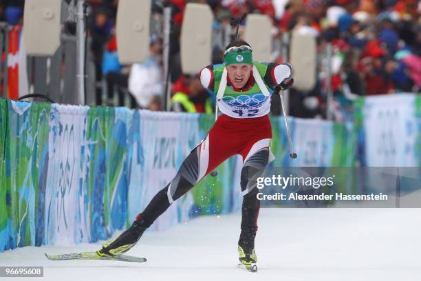 Simon Eder of Austria competes in the men's biathlon 10 km sprint final on day 3 of the 2010 Winter Olympics at Whistler Olympic Park Biathlon...