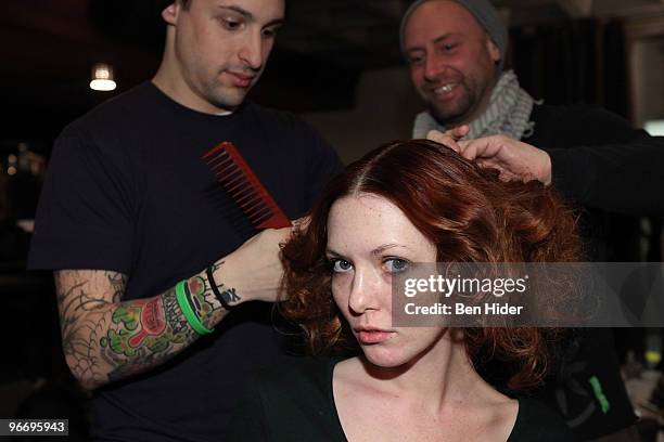 Models prepare backstage at the Leanne Marshall Fall 2010 fashion show at The Union Square Ballroom on February 14, 2010 in New York City.