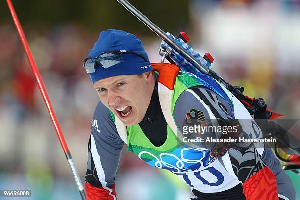 Andreas Birnbacher of Germany competes in the men's biathlon 10 km sprint final on day 3 of the 2010 Winter Olympics at Whistler Olympic Park...