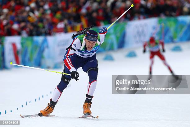 Lowell Bailey of United States competes in the men's biathlon 10 km sprint final on day 3 of the 2010 Winter Olympics at Whistler Olympic Park...
