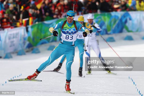 Serhiy Semenov of Ukraine competes in the men's biathlon 10 km sprint final on day 3 of the 2010 Winter Olympics at Whistler Olympic Park Biathlon...