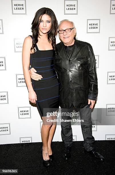 Actress Jessica Szohr and designer Max Azria backstage at the Herve Leger By Max Azria Fall 2010 fashion show during Mercedes-Benz Fashion Week at...