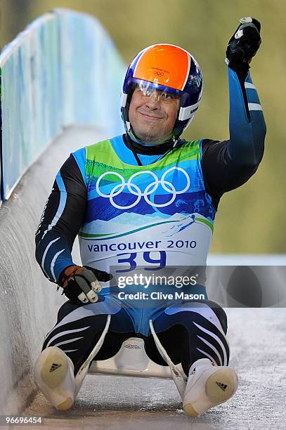 Ruben Gonzalez of Argentina after finishing the final run of the men's luge singles final on day 3 of the 2010 Winter Olympics at Whistler Sliding...