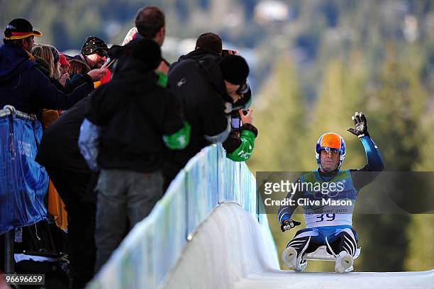 Ruben Gonzalez of Argentina after finishing the final run of the men's luge singles final on day 3 of the 2010 Winter Olympics at Whistler Sliding...