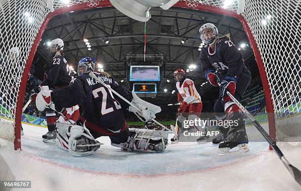 Goalile Brianne McLaughlin in net during the Women's Ice Hockey preliminary game between USA and China at the UBC Thunderbird Arena during the XXI...