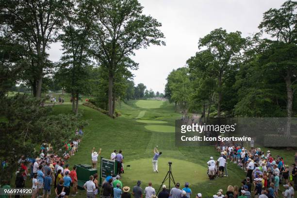 Branden Grace plays his shot from the 15th tee during the final round of the Memorial Tournament at Muirfield Village Golf Club in Dublin, Ohio on...