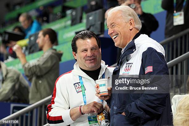 United States vice-president Joe Biden and Mike Eruzione attend women's ice hockey preliminary game between United States and China at UBC...