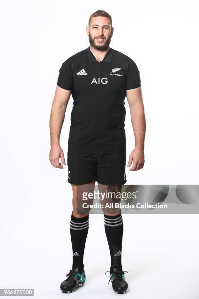 Luke Romano poses during a New Zealand All Blacks headshots session on June 3, 2018 in Auckland, New Zealand.