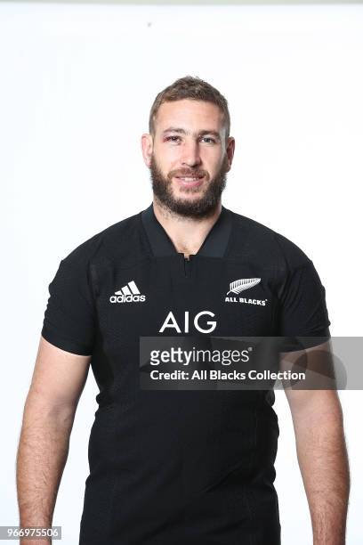 Luke Romano poses during a New Zealand All Blacks headshots session on June 3, 2018 in Auckland, New Zealand.
