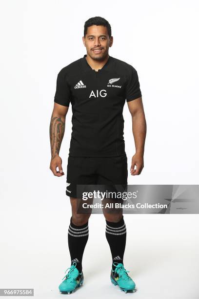 Te Toiroa Tahuriorangi poses during a New Zealand All Blacks headshots session on June 3, 2018 in Auckland, New Zealand.