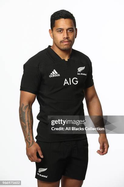 Te Toiroa Tahuriorangi poses during a New Zealand All Blacks headshots session on June 3, 2018 in Auckland, New Zealand.