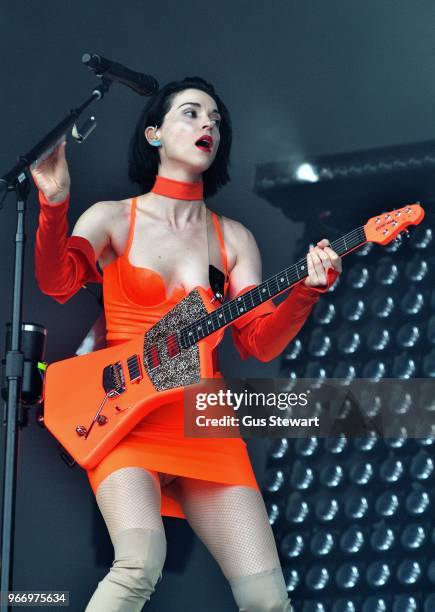 St Vincent performs on stage at All Points East in Victoria Park on June 3, 2018 in London, England.