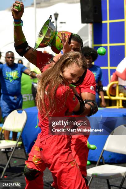 Chris 'C.T.' Tamburello and Jenna Compono attend Double Dare presented by Mtn Dew Kickstart at Comedy Central presents Clusterfest on June 3, 2018 in...