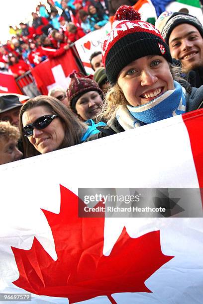 Canadian fans during the final run of the men's luge singles final on day 3 of the 2010 Winter Olympics at Whistler Sliding Centre on February 14,...