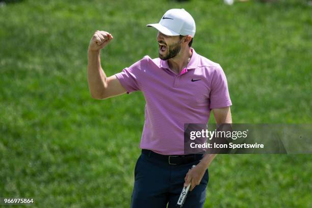 Patrick Cantlay celebrates his putt during the final round of the Memorial Tournament at Muirfield Village Golf Club in Dublin, Ohio on June 03, 2018.