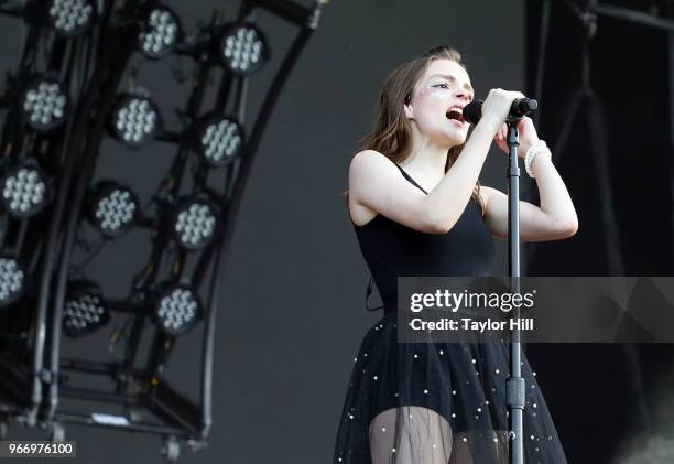 Lauren Mayberry of Chvrches performs onstage during Day 3 of the 2018 Governors Ball Music Festival at Randall's Island on June 3, 2018 in New York...