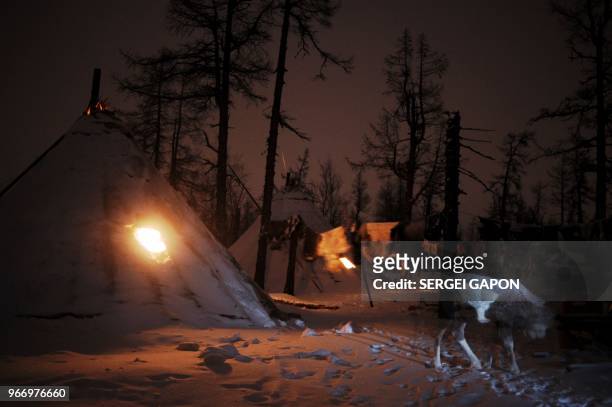 Tents of reindeer herders are seen in the remote Yamalo-Nenets region of northern Russia on March 6, 2018.