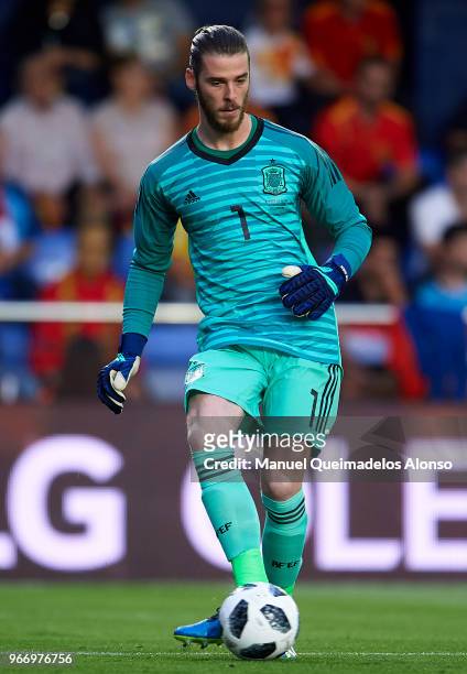 David de Gea of Spain in action during the International Friendly match between Spain and Switzerland at Estadio de La Ceramica on June 3, 2018 in...