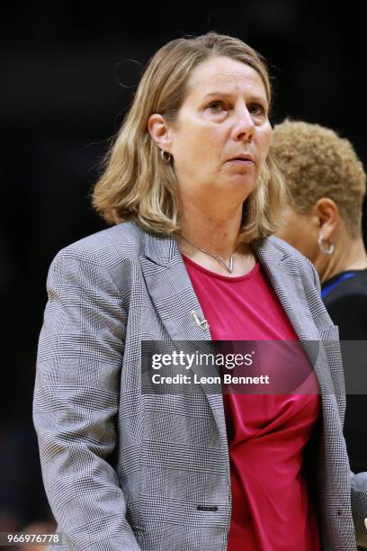 Head coach Cheryl Reeve of the Minnesota Lynx looks on against the Los Angeles Sparks during a WNBA basketball game at Staples Center on June 3, 2018...