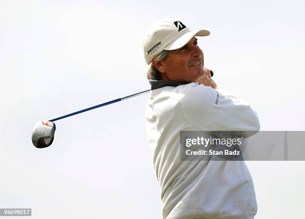 Fred Couples hits a tee shot during the final round of The ACE Group Classic at The Quarry on February 14, 2010 in Naples, Florida.