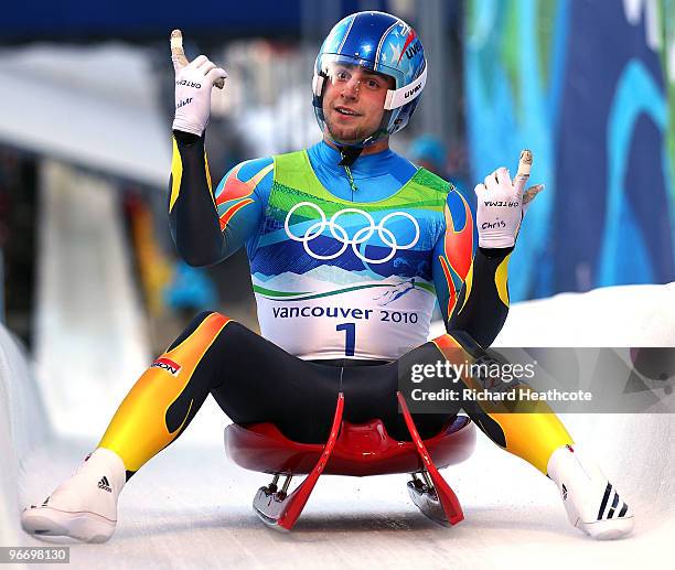 Chris Mazdzer of the USA after finishing the final run of the men's luge singles final on day 3 of the 2010 Winter Olympics at Whistler Sliding...