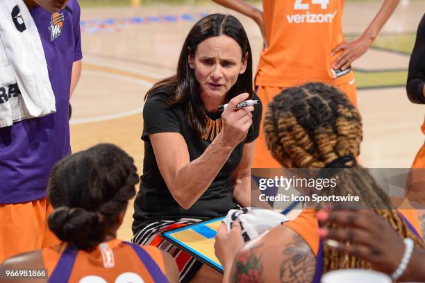 Phoenix head coach Sandy Brondello instructs her team in a time-out during the WNBA game between Atlanta and Phoenix on June 3, 2018 at Hank McCamish...